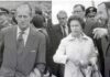 Un giovanissimo De Caro, con la regina Elisabetta, il principe Filippo d'Asburgo e il soprintendente Fausto Zevi, durante una visita dei reali inglesi a Pompei, 18 ottobre 1980.